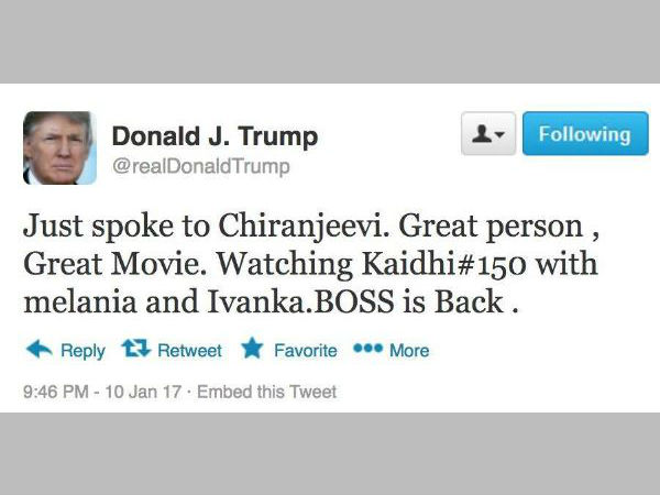 Donald trump tweet on Chiranjeevi's movie Donald trump tweet on Chiranjeevi's movie