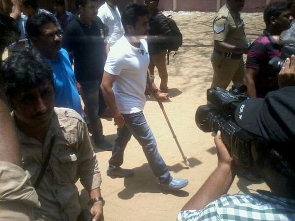 Surya casts his vote with injured leg Surya casts his vote with injured leg