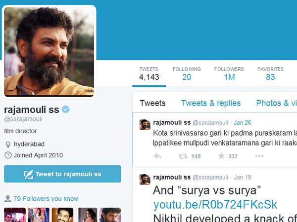 Director SS Rajamouli crosses 1 million followers in twitter Director SS Rajamouli crosses 1 million followers in twitter