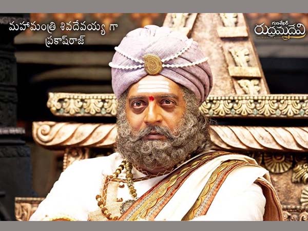 Prakash Raj as Kakatiya Kingdom's Mahamantri Shivadevayya. Prakash Raj as Kakatiya Kingdom's Mahamantri Shivadevayya.