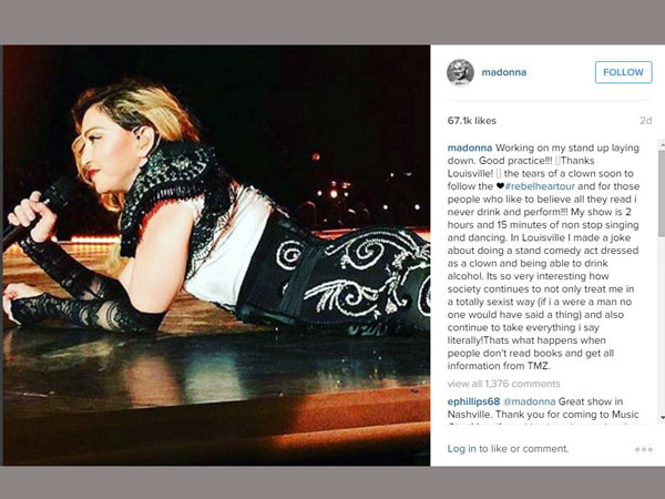 Madonna Denies She Was Drunk on Stage: 'I Never Drink and Perform!' Madonna Denies She Was Drunk on Stage: 'I Never Drink and Perform!'