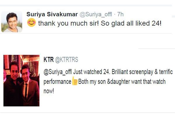 KTR praises Surya acting in 24 KTR praises Surya acting in 24