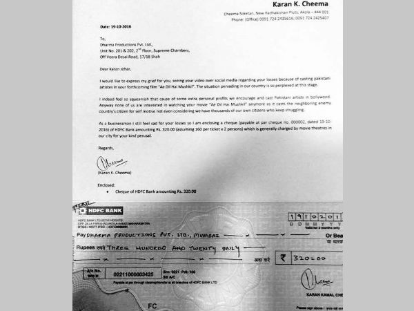 Businessman sends cheque to Karan Johar, doesn't want to see him make losses Businessman sends cheque to Karan Johar, doesn't want to see him make losses
