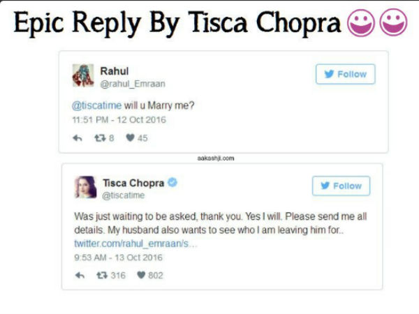 Mrs.Tisca Chopra's Hilarious Reply To a marriage proposal Mrs.Tisca Chopra's Hilarious Reply To a marriage proposal