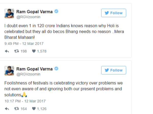 Ram Gopal Varma wishes 'unhappy' Holi on Twitter Ram Gopal Varma wishes 'unhappy' Holi on Twitter