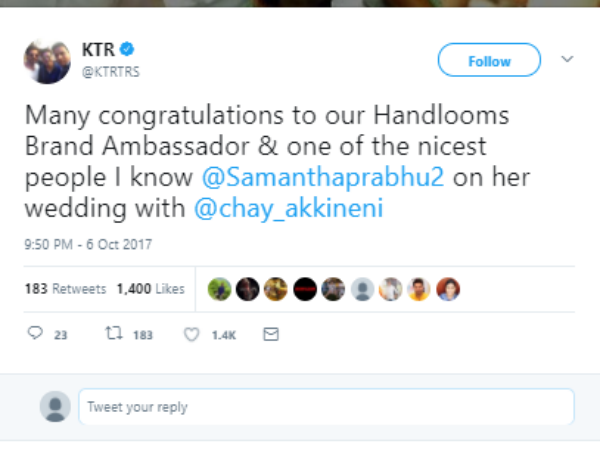 KTR congratulats Samantha on Her Marriege with Naga chaithanya KTR congratulats Samantha on Her Marriege with Naga chaithanya