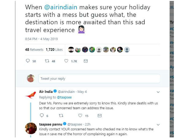Actress Tapsee Pannu fired on Air India service Actress Tapsee Pannu fired on Air India service