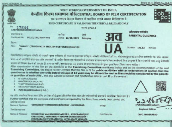 Saaho censor report: Prabhas movie cleared with U/A Saaho censor report: Prabhas movie cleared with U/A