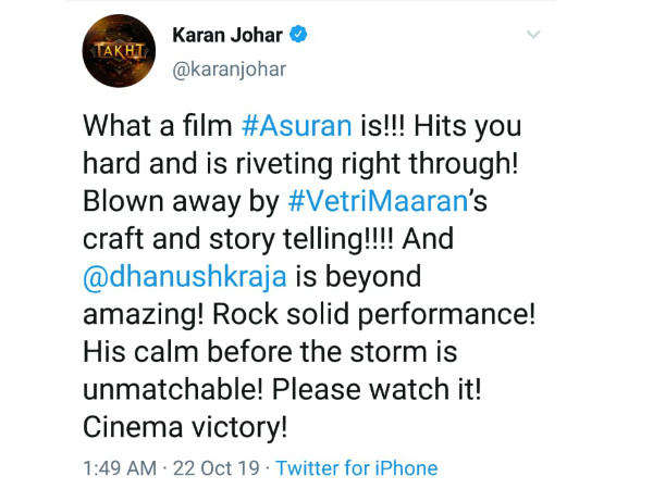 Karan Johar appreciation on Dhanush and Asuran Karan Johar appreciation on Dhanush and Asuran