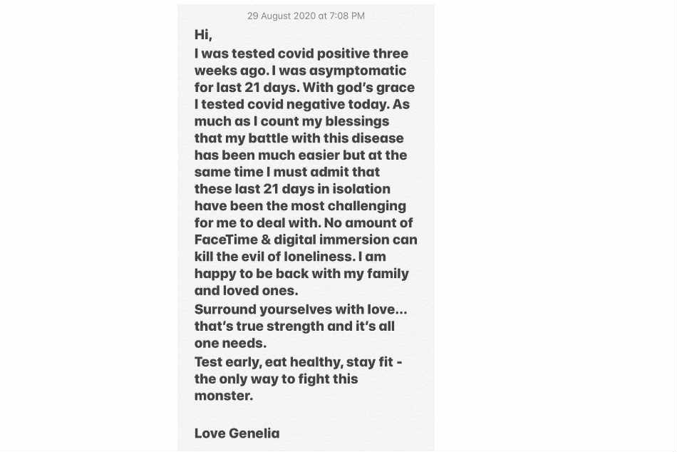 Genelia Deshmukh Recovered From Corona Genelia Deshmukh Recovered From Corona