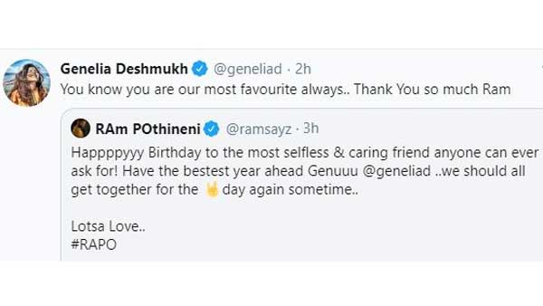 Genelia Deshmukh Birthday Ram Pothineni Tweet Goes Viral Genelia Deshmukh Birthday Ram Pothineni Tweet Goes Viral