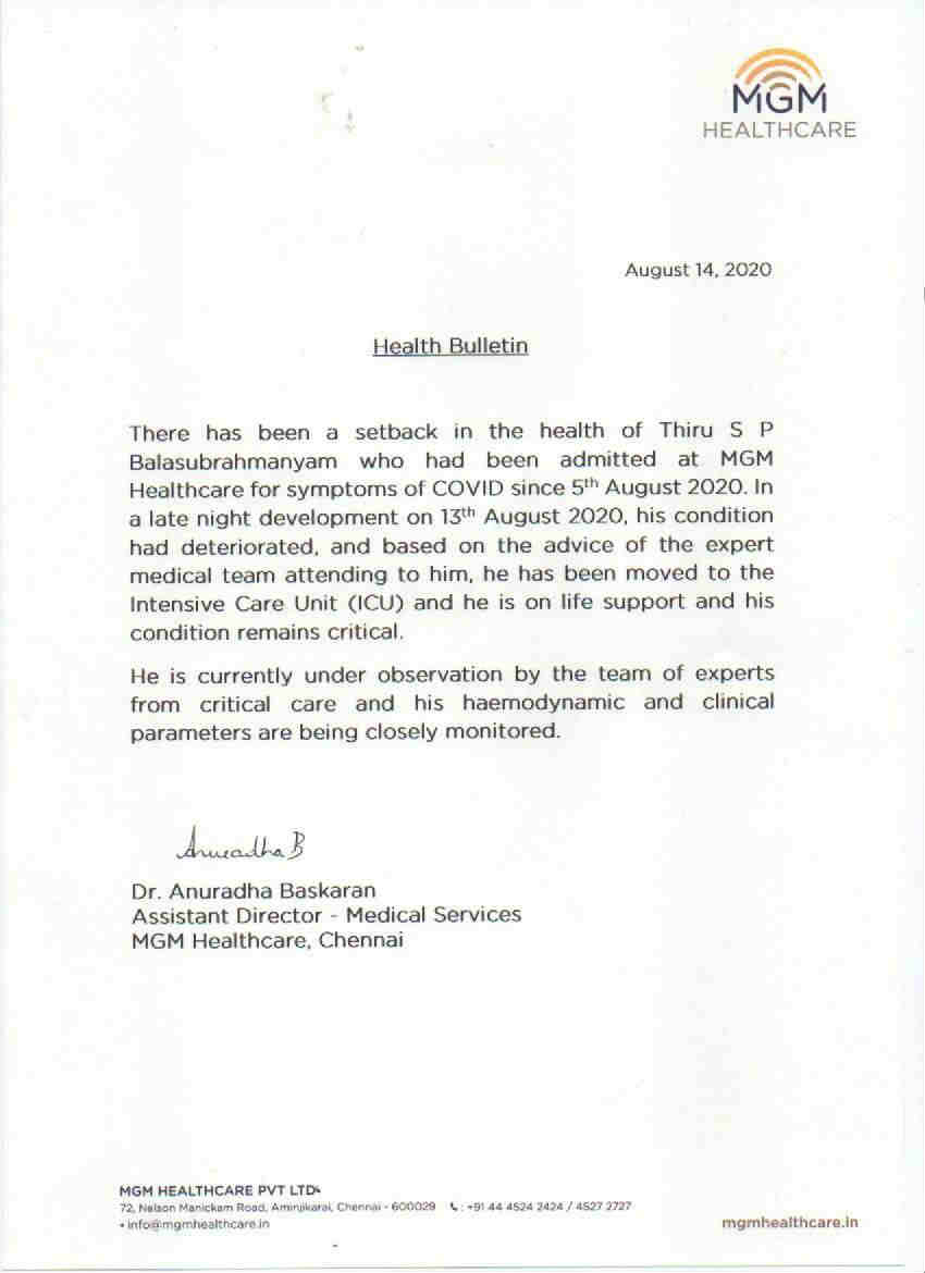 SP Balasubrahmanyam health condition critical, kept on life support SP Balasubrahmanyam health condition critical, kept on life support