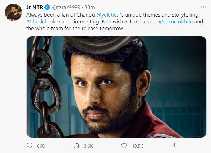 Jr NTR Send Special Wishes to Nithiins Check Movie Jr NTR Send Special Wishes to Nithiins Check Movie