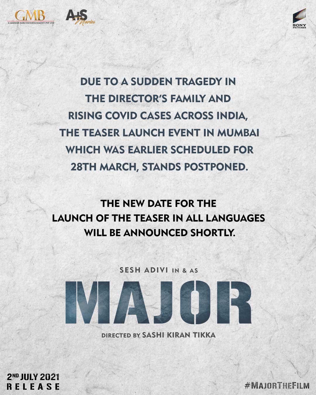 Adivi sesh Major Teaser postponed Adivi sesh Major Teaser postponed