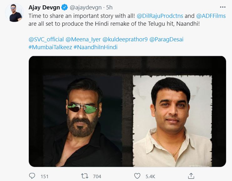 Dil Raju and Ajay Devgn Collaborate for Naandhi Hindi Remake Dil Raju and Ajay Devgn Collaborate for Naandhi Hindi Remake
