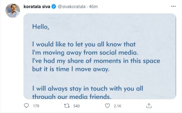 koratala siva says good bye to social media koratala siva says good bye to social media