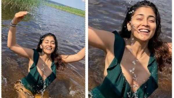 నీటిలో తడిచిన బట్టల్లో అందాల విందు