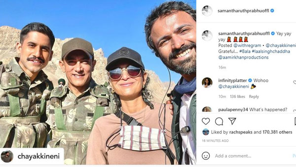 Samantha Ruthprabhu shares nagachaitanya and aamir khan photo at laal singh chaddha sets Samantha Ruthprabhu shares nagachaitanya and aamir khan photo at laal singh chaddha sets