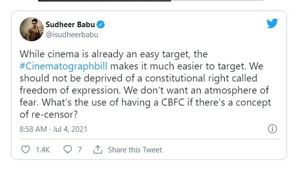 Sudheer Babu is only hero opposed the controversial Cinematograph Bill Sudheer Babu is only hero opposed the controversial Cinematograph Bill