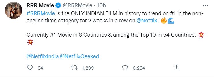 RRR Trending Since 2 Weeks in 54 countries worldwide on Netflix RRR Trending Since 2 Weeks in 54 countries worldwide on Netflix