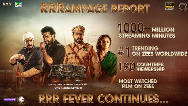 RRR Gets 1000 Million Streaming Minutes in ZEE5 RRR Gets 1000 Million Streaming Minutes in ZEE5