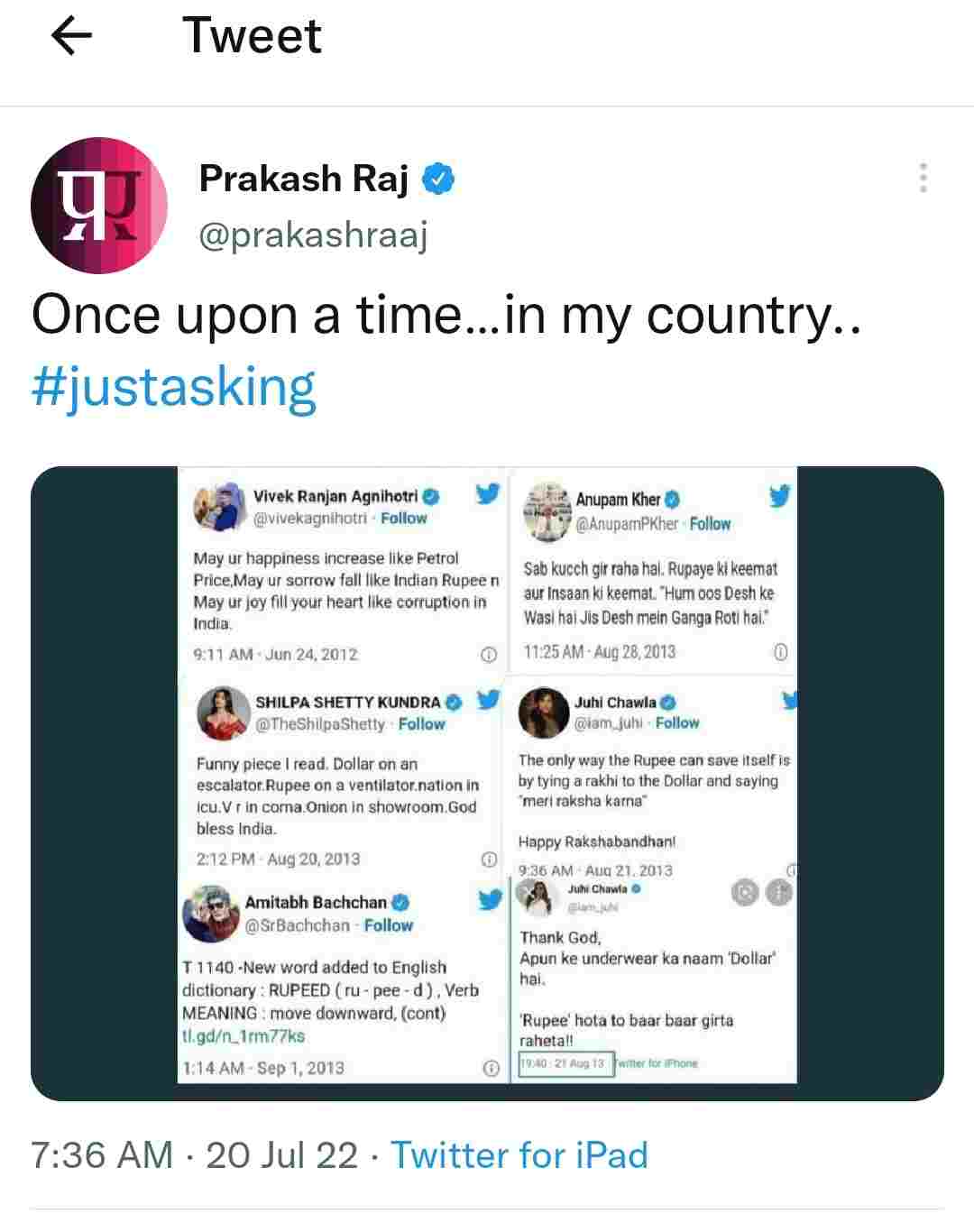 Prakash raj shocking tweet on bollywood stars old tweets Prakash raj shocking tweet on bollywood stars old tweets
