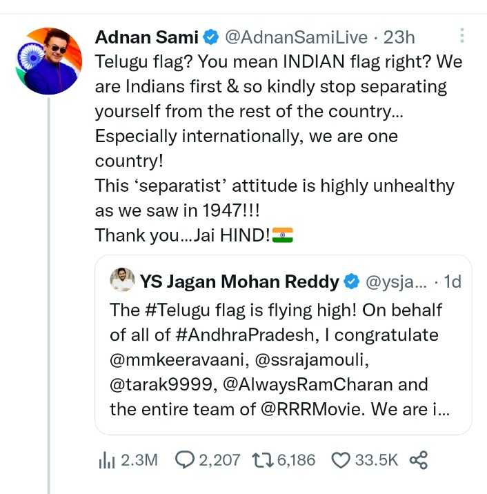 Siger Adnan Sami warns YS Jaganmohan Reddy dont be separatist over AP CMs Tweet on RRR Golden Globe award Siger Adnan Sami warns YS Jaganmohan Reddy dont be separatist over AP CMs Tweet on RRR Golden Globe award